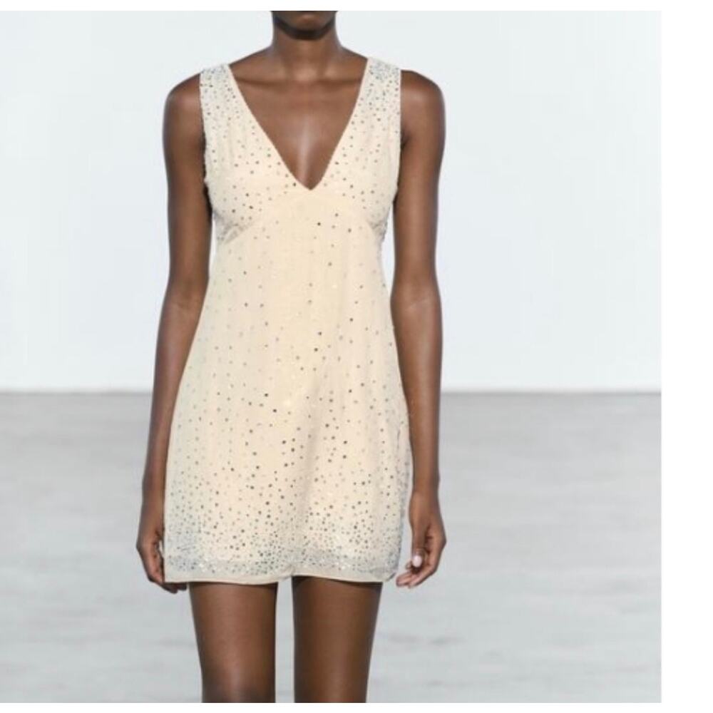 Zara NWT Crystal Mirror Embellished Mini Dress Size S Cream Rhinestone Dress